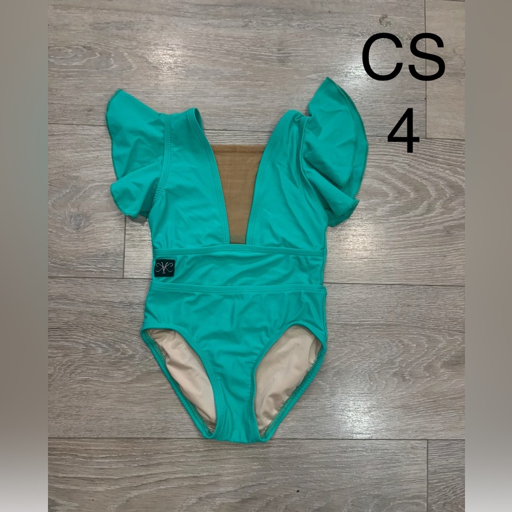 Kandi Kouture Kids Teal Leotard with Ruffle Sleeves. Like New!